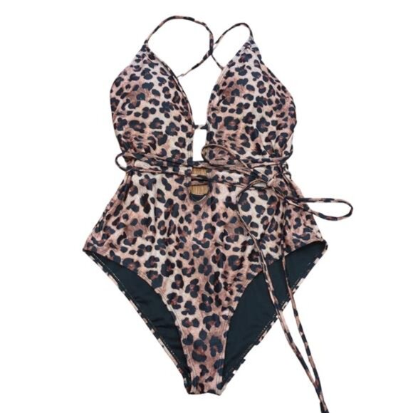 NEW One Piece Plunge Strappy Criss Cross Tie Leopard Print Swimsuit Women's L - Picture 3 of 7